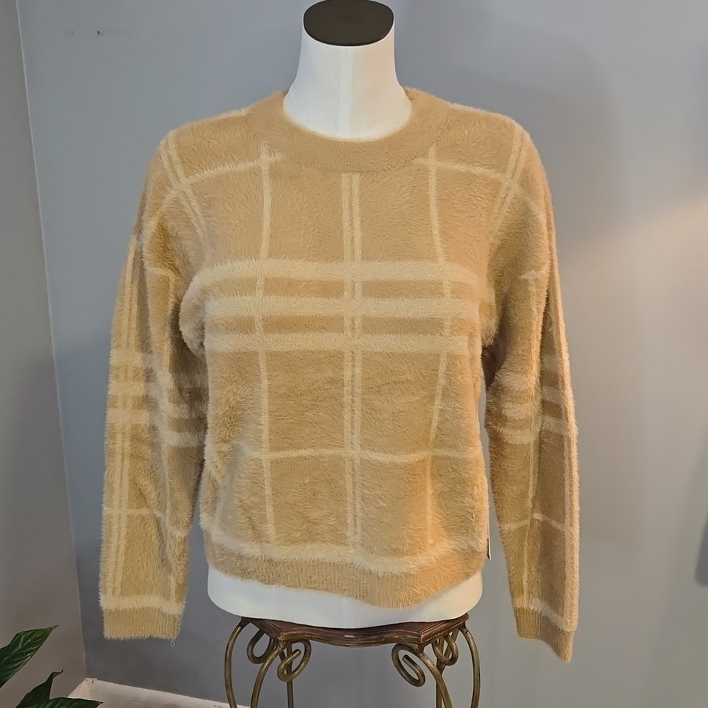 Cyrus Long Sleeve Soft and Stretchy Tan and Cream Crewneck Sweater - Size S
